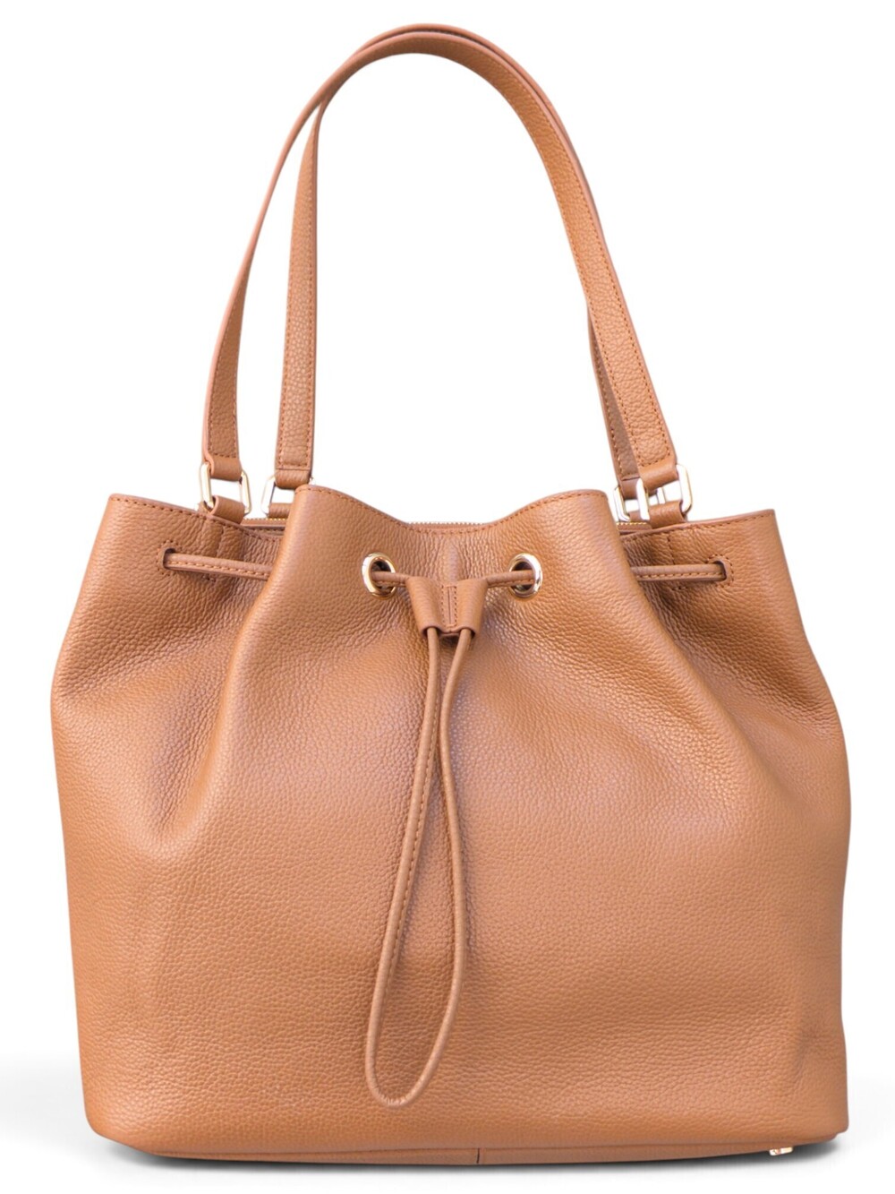 Quince Italian Leather Triple-Compartment Bucket Bag, Cognac w/ Gold Hardware